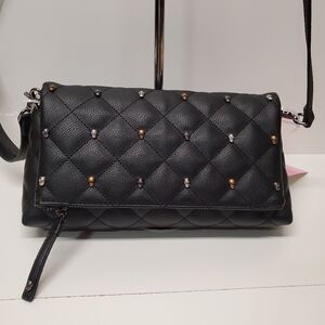 Betsey Johnson Elegant Black Flap Quilted Shoulder Bag With Studded Skulls